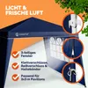 Close-up of a blue gazebo side panel with feature callouts and text. Produktbild-Vorschau
