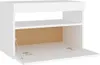 A white cabinet with its door open, showing two shelves and a corkboard backing. Produktbild-Vorschau