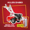 Promotional image for a rototiller, showing the product and a bottle of oil. Produktbild-Vorschau