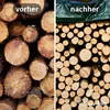 A split image showing a pile of logs before and after being covered with a green tarp. Produktbild-Vorschau