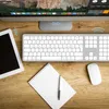 A desk setup with a computer monitor, keyboard, tablet, mouse, and notebook. Produktbild-Vorschau