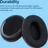 Two black ear pads for headphones are shown against a light blue background. Text describes their durability. Produktbild-Vorschau