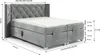 A grey upholstered boxspring bed with a tufted headboard and integrated lighting, shown with dimensions indicated by measurement lines and text. Produktbild-Vorschau