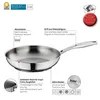 A stainless steel frying pan with various features highlighted by text labels and diagrams. Podgląd zdjęcia produktu