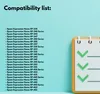 A list of compatible printer models is displayed on a light blue background, next to a stylized notepad with checkmarks. Produktbild-Vorschau