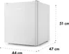 A white mini-refrigerator with dimensions indicated by dashed lines and text labels. Produktbild-Vorschau