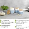 Three ceramic storage jars with blue and white marbling and wooden lids are displayed on a kitchen counter next to a potted plant and a bowl of onions. Produktbild-Vorschau