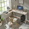 A home office setup with an L-shaped desk, computer, printer, and chair. Voir les images du produit