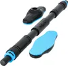 A black adjustable pull-up bar with blue accents and two blue foot pads, laid out against a white background. Produktbild-Vorschau