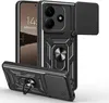 A black protective phone case with a sliding camera cover and a ring stand, shown from multiple angles. Produktbild-Vorschau