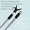 A close-up shot of two telescopic poles with hooks, against a light blue background, with German text describing their features and benefits. Produktbild-Vorschau