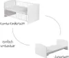 A crib and a junior bed are shown, with arrows indicating the crib can be converted into a junior bed. Produktbild-Vorschau