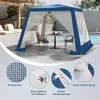 A blue and white gazebo with mesh sides is set up outdoors near a swimming pool, with chairs and a table inside. Produktbild-Vorschau