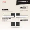 A marketing image showcasing a black and white door handle set with descriptive text highlighting its features. Produktbild-Vorschau