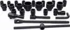 A collection of black metal socket wrenches and accessories laid out on a white background. Produktbild-Vorschau