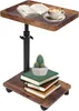 A C-shaped side table with a wooden top and base, a black adjustable pole, and wheels. It has a book and a cup of coffee on the top shelf, and a potted cactus on a stack of books on the bottom shelf.