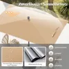 A close-up view of a beige rectangular umbrella canopy, with inset images showing fabric details and feature icons. Podgląd zdjęcia produktu