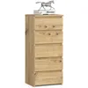 A wooden chest of drawers with a decorative horse figurine and books on top.