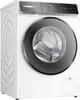 A white Bosch washing machine with a black door and control panel is shown from a three-quarter angle. Produktbild-Vorschau
