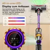 A close-up of a cordless vacuum cleaner with a digital display and a marketing graphic showing different suction levels. Produktbild-Vorschau