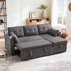A living room scene with a gray sectional sofa that has been converted into a bed, showing storage compartments underneath. The sofa is placed on a patterned rug, with a bookshelf and a cabinet in the background. Podgląd zdjęcia produktu