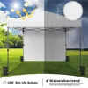 A pop-up gazebo is shown in two different weather conditions: sunny with UV protection indicated, and rainy with water-repellent fabric shown. Produktbild-Vorschau