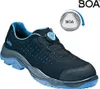 A black and blue safety shoe with a BOA lacing system is shown against a white background. A circular graphic with the BOA logo and an arrow is present in the upper right corner. Náhled obrázku produktu