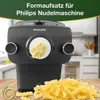 A close-up shot of a Philips pasta maker attachment with fusilli pasta prominently displayed, both on the product and in a pile in front of it. The background is a kitchen setting. Text overlays provide product information. Podgląd zdjęcia produktu
