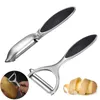 Two peelers are shown, one above the other, with a potato and peelings in the lower right corner. A close-up inset shows a hand using a peeler on a potato. Produktbild-Vorschau