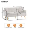 A diagram showing the dimensions of a sofa, with additional icons indicating capacity, packaging, and assembly. Anteprima dell’immagine prodotto
