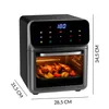 A black and gray air fryer with food inside, shown from a front-side angle with dimensions indicated. Produktbild-Vorschau