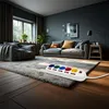 A power strip with multiple colorful outlets is placed on a rug in a living room. Produktbild-Vorschau