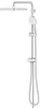 A chrome shower system with a rain showerhead and a handheld showerhead on a slide bar, isolated on a white background. Produktbild-Vorschau