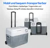 Three portable electric coolers of varying sizes are displayed against a light gray and white background. The largest cooler is in the foreground, with two smaller ones behind it. Produktbild-Vorschau