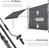 A diagram and illustration showing the features and assembly of a retractable awning. Produktbild-Vorschau