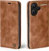 A brown leather flip case for a smartphone is shown from two angles. Produktbild-Vorschau