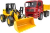 A yellow front loader and a red dump truck are displayed side-by-side against a white background. Podgląd zdjęcia produktu