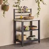 An outdoor kitchen shelf with various items on its shelves, including vegetables, bowls, and bottles. Anteprima dell’immagine prodotto