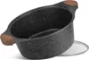 A black speckled pot with wooden handles and a glass lid. Produktbild-Vorschau