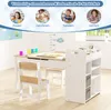 A child's art table and chair set is shown in a room setting, with decorative elements and a height chart on the wall. Produktbild-Vorschau