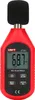 A red and black digital sound level meter with a black foam windscreen on top. Produktbild-Vorschau