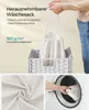 A person is holding a removable laundry bag from a laundry basket. Close-up shots of the fabric and a washing machine are also shown. Produktbild-Vorschau