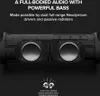 A black portable stereo speaker with text describing its audio features. Náhled obrázku produktu