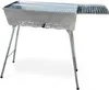 A silver barbecue grill with foldable legs, shown from a front-side angle against a white background. Produktbild-Vorschau
