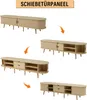 A collage of images showing a light wood TV lowboard with sliding doors and drawers, demonstrating different configurations and open compartments. Podgląd zdjęcia produktu