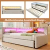 Collage of a beige daybed with LED lighting and a pull-out trundle bed. Produktbild-Vorschau