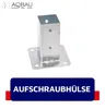 A metal post anchor with a square opening and a flat base plate with screw holes, shown against a white background. A dark blue banner with white text is at the bottom. Produktbild-Vorschau