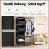 A collage showing a black fabric wardrobe with shelves and a hanging rail, along with various icons and text describing its features. The wardrobe is shown in a room setting with a door and sofa. Produktbild-Vorschau