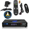 A product shot of a satellite receiver and its accessories, laid out on a white background. Produktbild-Vorschau