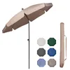 A taupe patio umbrella is shown open, with a black pole. To the right, there are six swatches of different colored umbrella tops, and a taupe carrying case for the umbrella. Produktbild-Vorschau